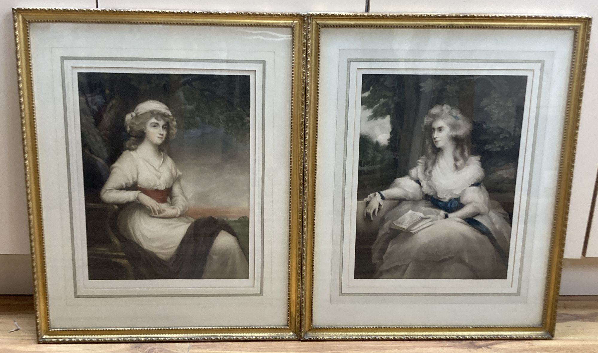 A pair of early 20th century coloured mezzotint portraits of 18th century ladies, 45 x 33cm